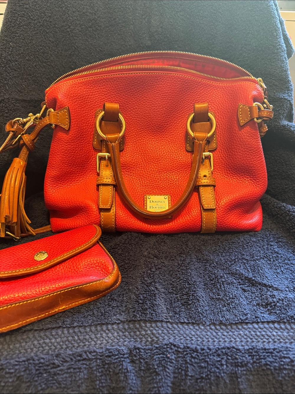 Dooney & Bourke Red Pebbled Leather Satchel with Tan Trim and Tassel